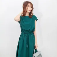 Robe décontractée pour femmes d'été, col rond, manches courtes, mi-longue, avec cordon de serrage, élégante, en coton et lin