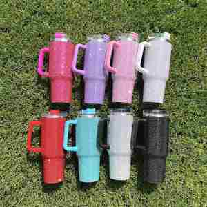 Vaso de acero inoxidable de 40 oz con diamantes de imitación brillantes, tumbler multicolor sólido con asa y pajita - Product Image 2