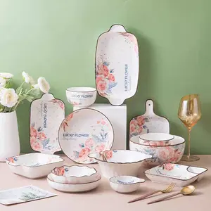 16 pièces 24 pièces 27 pièces 36 pièces ensemble de vaisselle de luxe de style nordique européen fleur rose vaisselle en céramique porcelaine ensembles de dîner