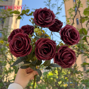 DC206 Chermy Bouquet di 9 Rose Artificiali Bianche e Bordeaux, Rose Finte per Bouquet da Sposa, Decorazione Floreale per Casa - Product Image 4