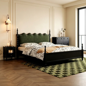 Premium <b>Queen</b> <b>Size</b> Black Wood Spindle <b>Bed</b> With Green Velvet Scalloped Headboard For Bedroom - Product Image 1