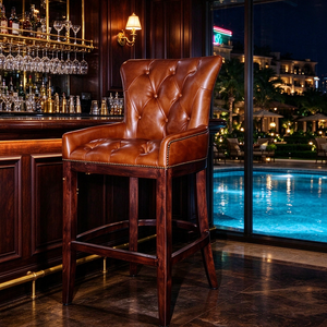 Sgabello da <span class=keywords><strong>Bar</strong></span> <span class=keywords><strong>Vintage</strong></span> Retrò Rustico con Bottoni Antichi, Seduta in Vera Pelle, Struttura in Legno Massello, Stabile, per Hotel e <span class=keywords><strong>Bar</strong></span> di Lusso - Product Image 2