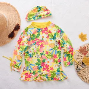 Manufacturer China Wholesale Kids 1 Piece Long Sleeve Floral Pattern Girls Swimwear Swimsuit Kids For Vacation