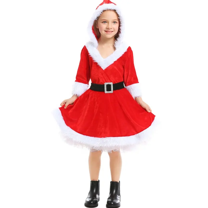 Chất Lượng Tốt Chất Liệu Sang Trọng Màu Đỏ Santa Claus Cosplay Trang Phục Với Váy Mũ Và Vành Đai Cho Cô Gái Giáng Sinh Halloween Đảng