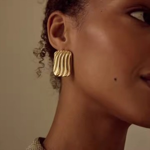 Geometric Square Striped Stainless Steel <b>Stud</b> Earrings 18k Gold <b>Silver</b> Color For Women Fashion Jewelry - Product Image 3
