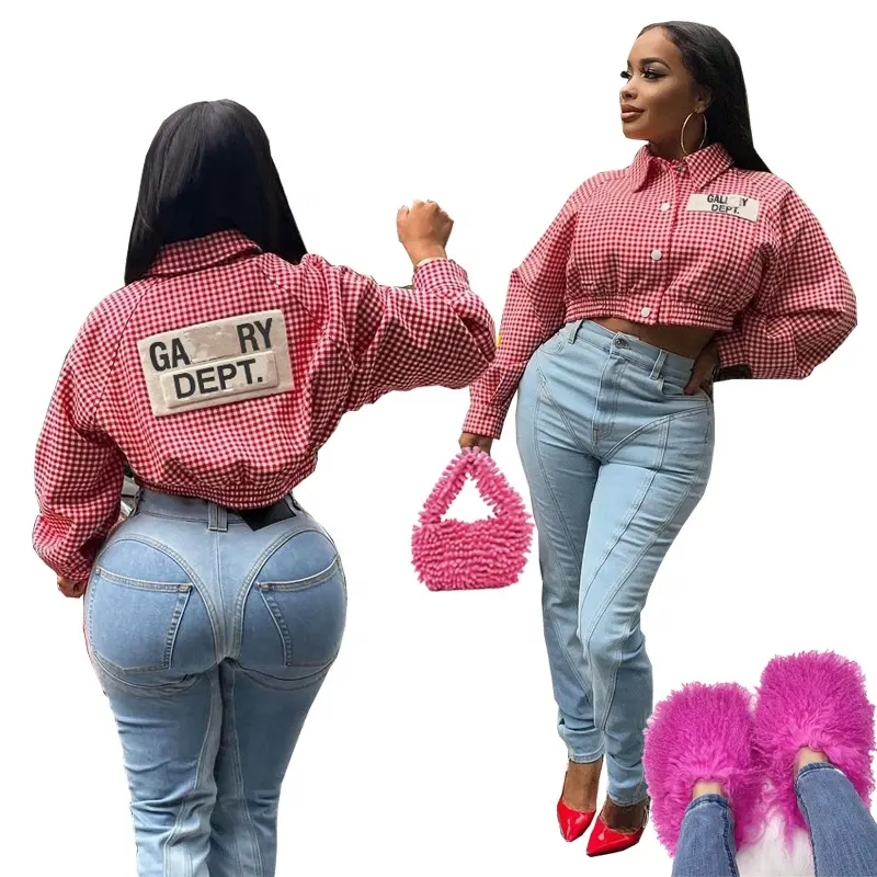 Letter Red Lattice Baseball Jacket 2022 Autumn Clothes Women Hip Hop Streetwear Cropped Coat