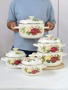 Bol en porcelaine émaillée haut de gamme à motif floral vintage, avec couvercle et double poignée, pour soupe, graisse, huile et usage alimentaire domestique - Product Image 1