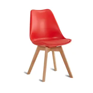 工厂现代红色靠垫白色郁金香椅木腿餐椅