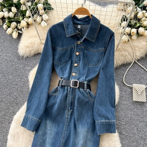 Abito in Denim Stile Retrò con Colletto a Risvolto per Donna, Vestito Aderente a Maniche Lunghe con Vita Stretta per la Primavera, Gonna da Ufficio - Product Image 2