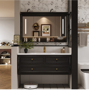 . Meuble de salle de bain noir de luxe léger, miroir ovale sculpté à motifs floraux, plan de toilette en pierre, lavabo, lavabo étanche - Product Image 4