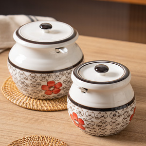 Pot à condiments en céramique peint à la main de style japonais avec couvercle pour le stockage d'huile, de piment, de sel et d'assaisonnements, usage domestique, résistant aux hautes températures - Product Image 4
