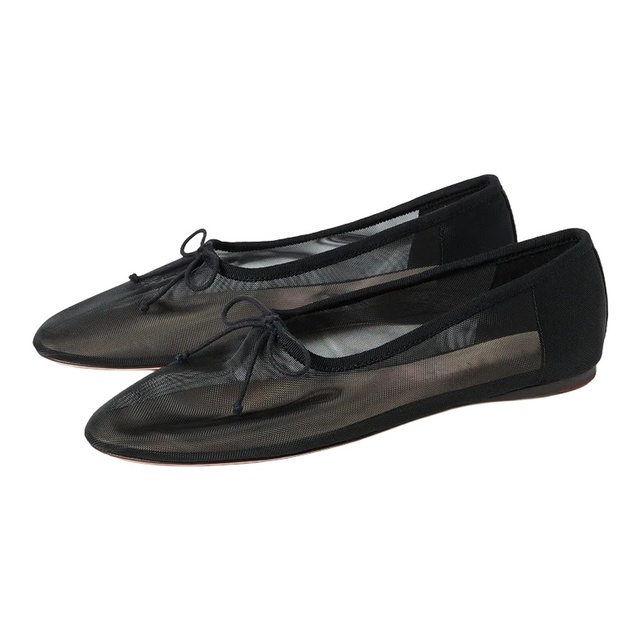 Round Toe Mesh Ballet Flats Black Breathable Sheer Bow Accent Lightweight Summer Shoes Daily Fashion Wear