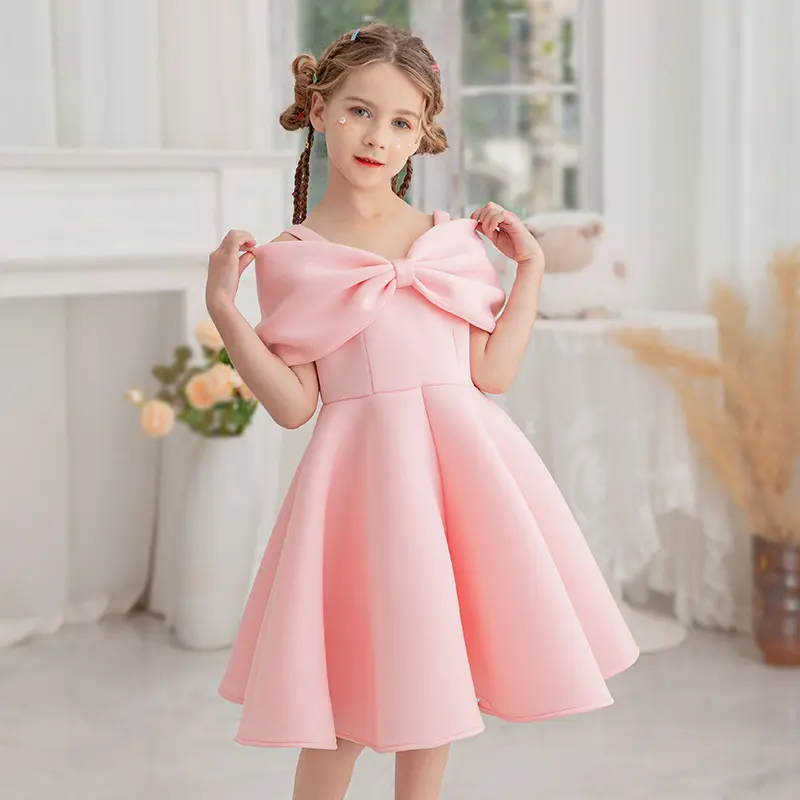 Kleines MOQ Großhandel rosa Prinzessinnenkleid Sommermarke hohe Qualität Satin Knielänge großer Schleife Vorderseite Mode Kleinkinder Mädchenkleider