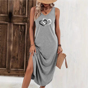 Vestido de Punto sin Mangas con Cuello en V para Mujer, de Longitud Media, con Estampado de Corazones, Cintura Alta, Tipo Falda con Parches, Tallas S, M, L, XL, XXL, Color Caqui, Gris Oscuro - Product Image 4