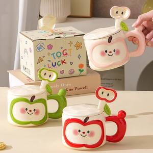Cute Apple <b>Ceramic</b> <b>Mug</b> With <b>Lid</b> And Spoon Cartoon Design For Gift Spring 2025 - Product Image 5