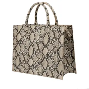 2024 New Design Custom Metal Logo Snake Pattern PU Faux Leather Women Tote Bag Leather Large Hand Bag With Suede Lining