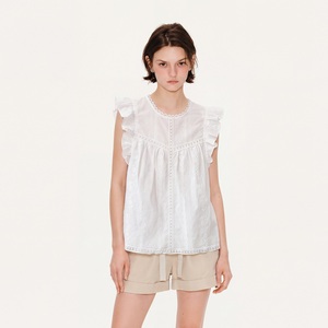 Débardeur en coton blanc pour femme avec dentelle et volants, col rond, style Prairie Chic, respirant, broderie tissée à la main, motif uni - Product Image 5