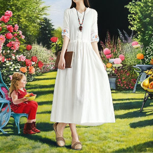 Robe d'été décontractée pour femme, unie, taille naturelle, manches courtes, col en V, longueur midi, brodée, écologique, respirante, en tissu peigné - Product Image 2
