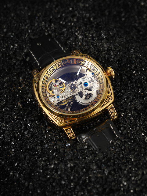 For Transparent Skeleton Automatic Alloy Luxury Watch for Men with Leather Band Square Case Day/Date Display