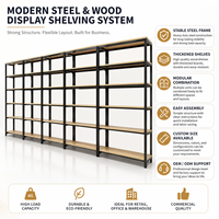Estantería Góndola de Una Cara con Estantes de Madera y Metal Negro, Exhibidor de Pared Industrial de 6 Niveles para Tiendas