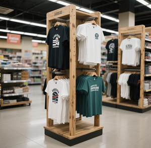 מתקני תצוגה מעץ מודרניים בהתאמה אישית לחולצות טי, מעמדי רצפה לסופרמרקט, הרכבה קלה, מותג סנטרויאל - Product Image 4