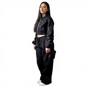 New Arrival Custom Printed Casual Autumn <b>Women's</b> Windbreaker <b>Set</b> with Line Piping Contrast Black Nylon Zipper Jacket Pants Suit - Product Image 1