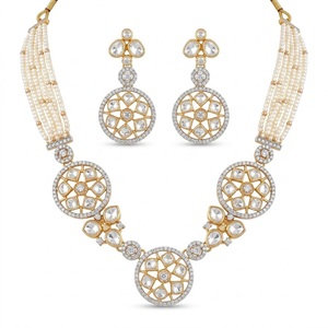 Traditional Pearl 925 Silver Kundan <b>Necklace</b> Set Gold Bridal Jewelry with Earrings Geometric Design for Women Wedding Jewelry - Product Image 1