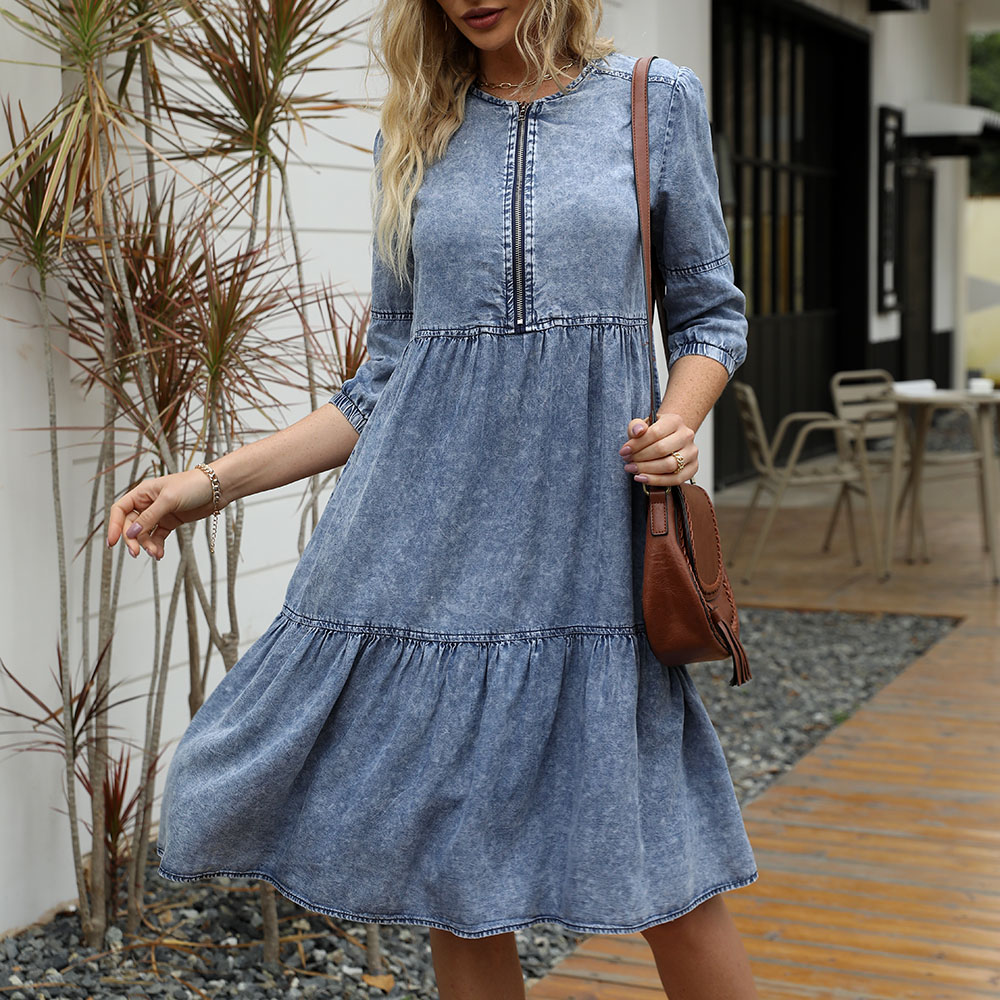 Summer Dress 2023 Knee Length O-neck Half Sleeves Soft Solid Snow Washed Denim leisure modest dress for women