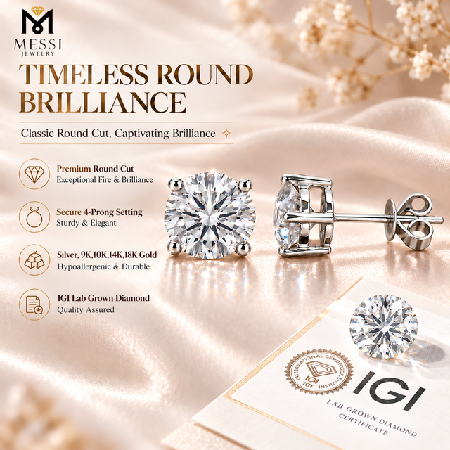 Messi Jewelry IGI Certificate CVD HPHT 0.5ct 1ct 2ct 3ct 4ct D VS1 Created 9K 14K Solid Gold Lab Grown Diamond Stud Earrings