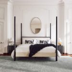 Luxury 4 Poster <b>Black</b> Wooden Queen <b>Bed</b> Frame with Ivory Upholstered Headboard Modern Canopy <b>Bed</b> for Bedroom Furniture Supplier - Product Image 6