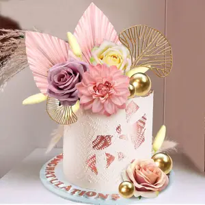 Bolo topper palm folha set fã papel flores artificiais para a decoração do bolo casamento bebê aniversário festa suprimentos