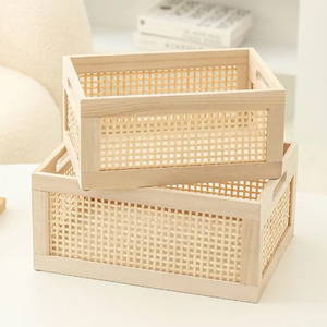 New Stylized Rattan Cane Webbing <b>Basket</b> and Pine <b>Wood</b> Storage <b>Basket</b> Home Storage & Organization for Home - Product Image 2