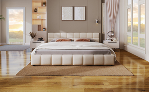 Cadre de lit moderne en tissu beige pour lit queen size avec design en damier - Product Image 2