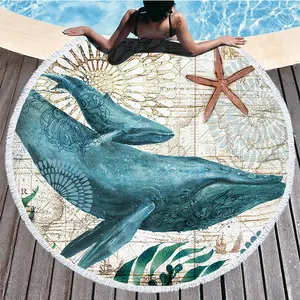 Хит продаж, индивидуальное печатное круглое пляжное полотенце с логотипом, печатное полотенце для плавания с морскими животными, пляжное полотенце