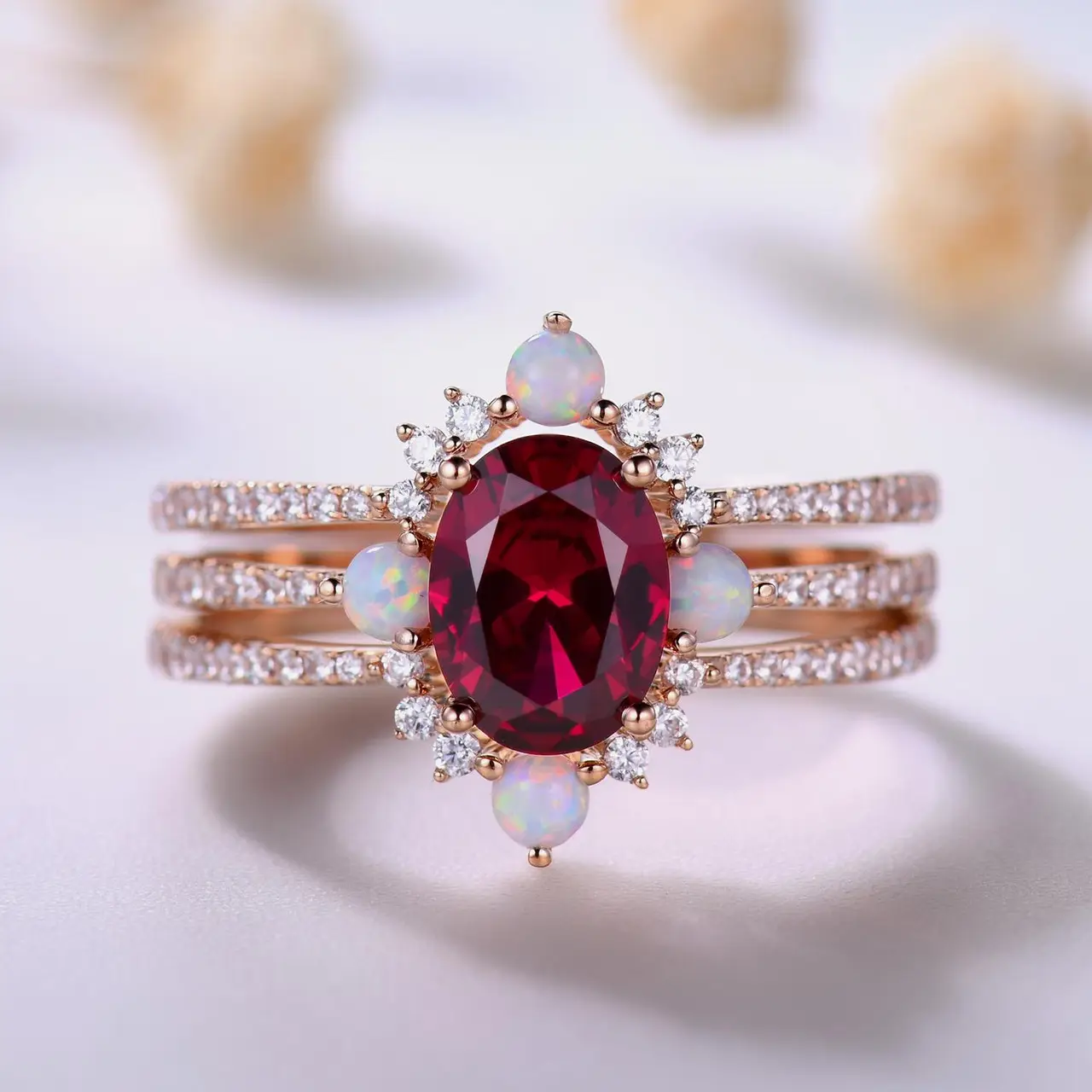 925 Sterling Silver Red Garnet Wedding Ring Opal Engagement 3 Vintage Ring Set Opal Bridal Ring Set