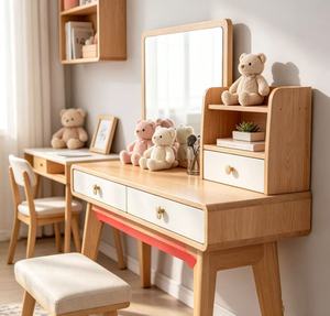 Coiffeuse scandinave en bois de hêtre massif avec miroir et tiroirs de rangement, ensemble de table de maquillage pour chambre à coucher - Product Image 2