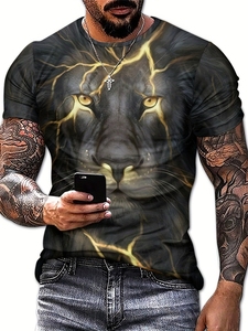 Camiseta Cómoda para Hombre con Estampado de León, 180 Gramos, Tejido de Punto, Manga Corta, Estilo Casual Elegante, Camiseta Gráfica, Ropa de Verano - Product Image 3