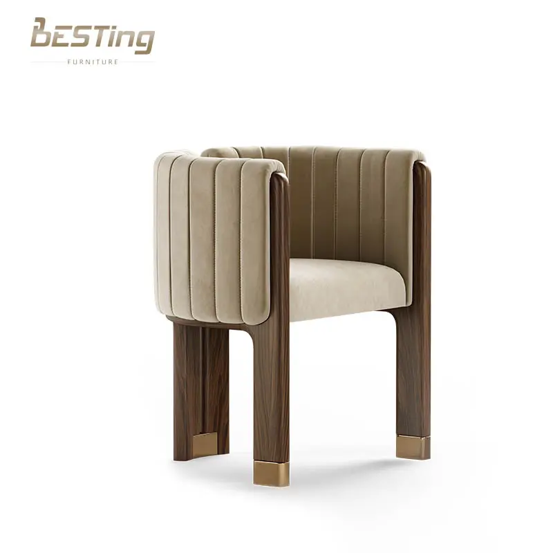 Chaise de salle à manger design moderne de luxe italien wabi sabi chaise de salle à manger ronde en bois massif et daim avec accoudoirs