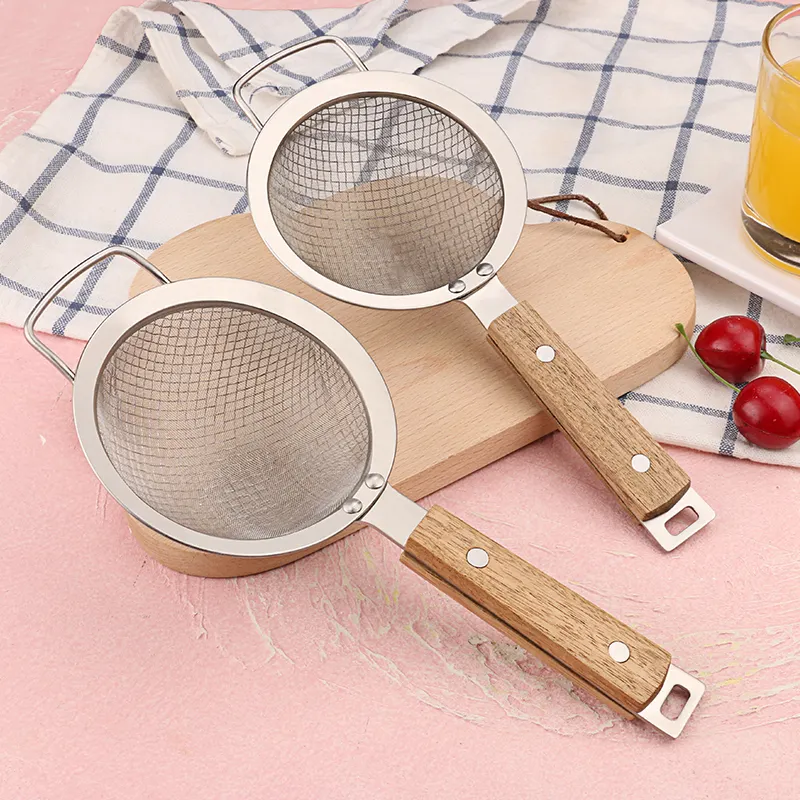 Su misura utensili da cucina in acciaio inox a doppio strato di maglia spoon strainer con manico in legno