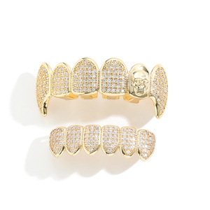 G027 <span class=keywords><strong>Grilz</strong></span> Hip Hop Crâne Sertie de Zircons pour Hommes, en Laiton Micro-Pavé de Zircons Cubiques, Plaqué Or/Argent, Cadeau - Product Image 1
