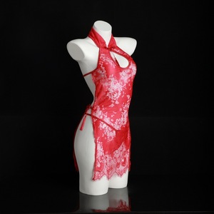 Lemon Story - Camisón Sexy de Encaje Estilo Cheongsam, Transparente, con Aberturas, Lencería Femenina, Disfraz Rojo - Product Image 3