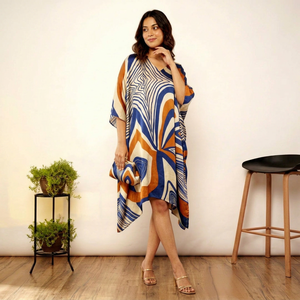 Vestido Largo Kaftan para Mujer HitJem Export, Azul Estampado, Cuello en V, Largo hasta la Rodilla, Casual, de Rayón, Corte en A, Estilo Wrap & Tie para Verano - Product Image 1