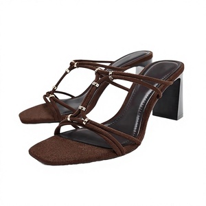 Spring Summer 2026 New Arrival Brown Suede Leather Sexy <b>Open</b> <b>Toe</b> High <b>Heels</b> Square <b>Toe</b> Celebrity Lady Strap <b>Heel</b> Slip-on - Product Image 2