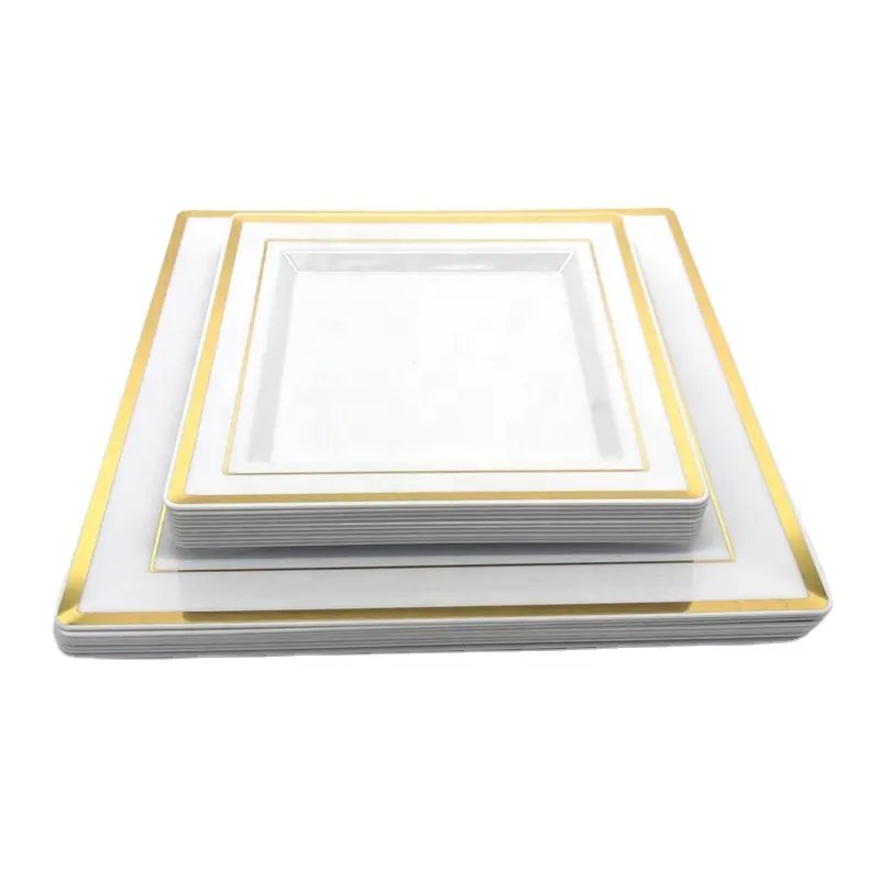 10" wed dispo Plastic Disposable Elegan Square White with Gold Silver Rose Rim Plates Dinner Dessert Party Wedding