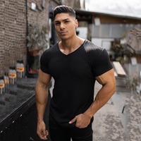 T-shirt d'été pour homme en jersey de coton, coupe ajustée, respirant, col en V, manches courtes, vêtement de sport, motif uni