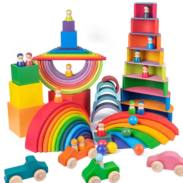 재미있는 12pcs 어린이 대형 무지개 나무 스태킹 블록 척 놀이 유치원 장난감 교육용 어린이 장난감 빌딩 블록