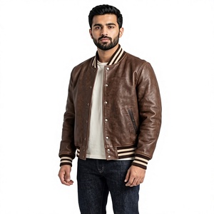 Men's Brown Leather Varsity Jacket Striped Rib Collar Snap Button Bomber Jacket Casual Fashion Outerwear Streetwear Jacket - Product Image 1