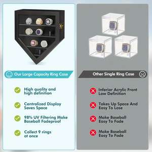 Wall Mounted <strong>Championship</strong> <strong>Ring</strong> <strong>Display</strong> Case 9 Posts Wooden Shadow <strong>Box</strong> for Baseball Softball Awards Floating Shelves for Fan - Product Image 5