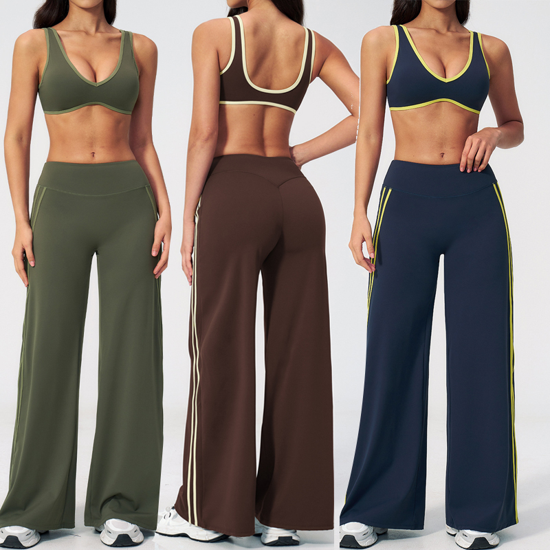 Women's New Medium Waist Solid Loose Pants V Neck Sports Bra Outdoor Fitness Workout Set With Two Bars on Both Sides