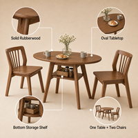 Ensemble de table à manger ovale en bois massif naturel, écologique, en bois de caoutchouc, 3 pièces, étagère de rangement, pieds inclinés, assemblé